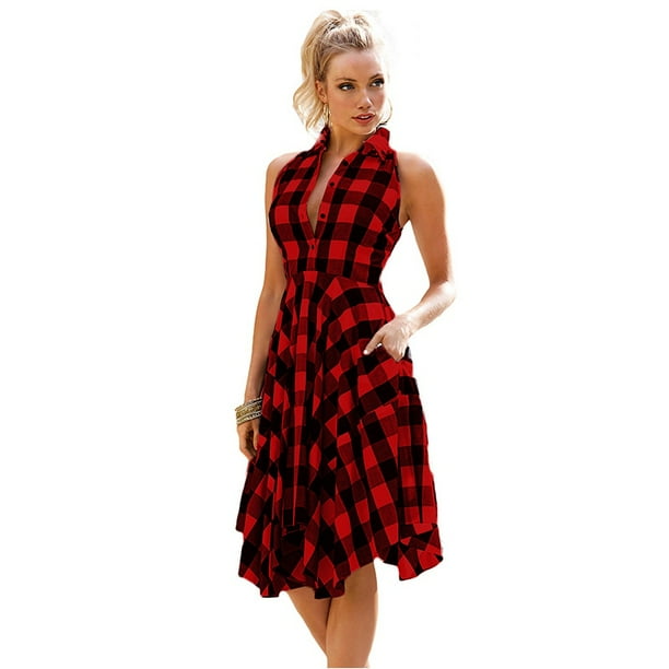 Women's Lady Summer Sleeveless Casual Plaid Sundress Tops Party A Line Dress Women's Lady Summer Sleeveless Casual Plaid Sundress Tops Party A Line Dress